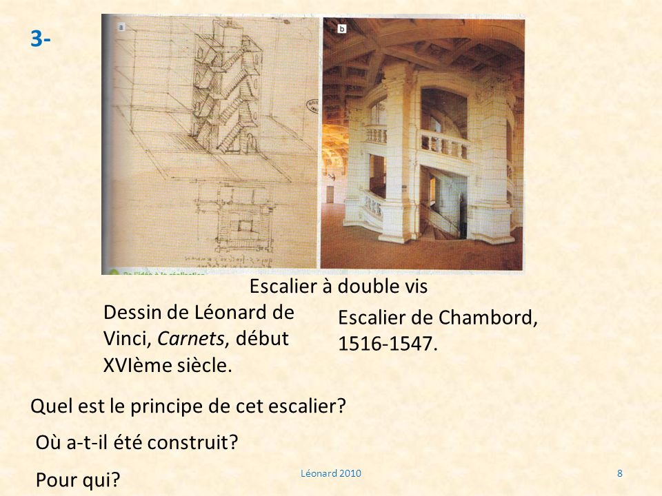 3- Escalier à double vis. Dessin de Léonard de Vinci, Carnets, début XVIème siècle. Escalier de Chambord,