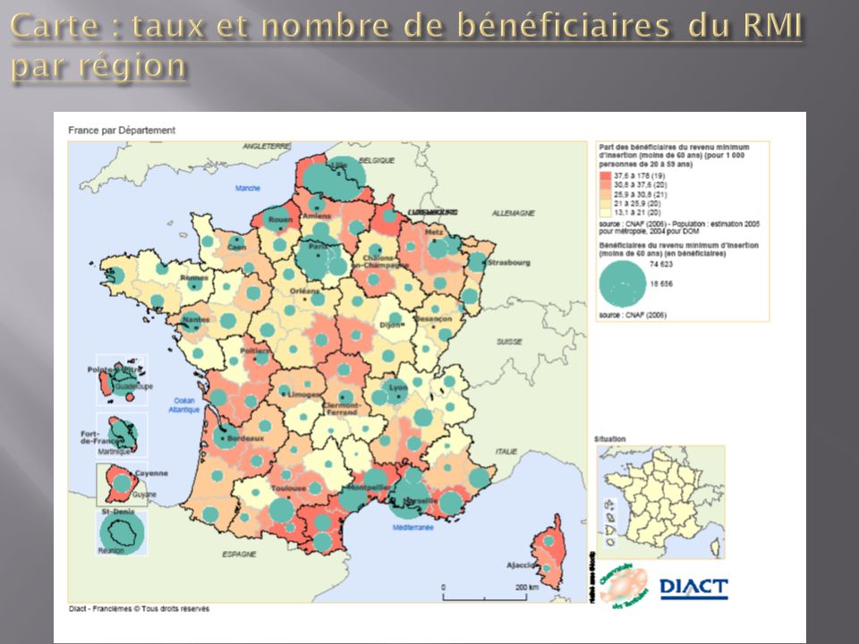 Carte : taux et nombre de bénéficiaires du RMI par région