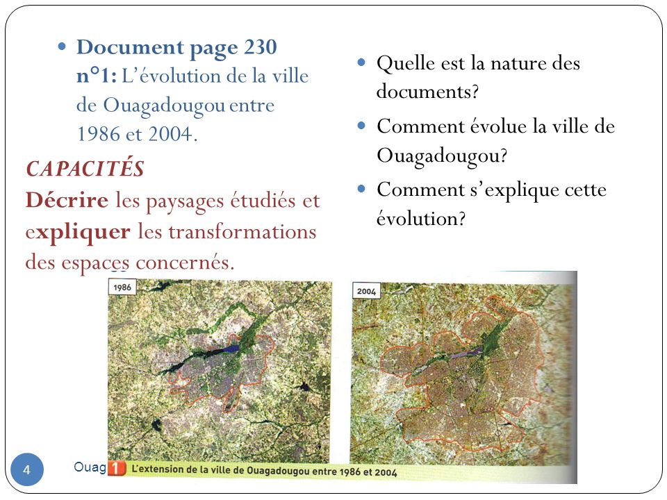 Document page 230 n°1: L’évolution de la ville de Ouagadougou entre 1986 et 2004.
