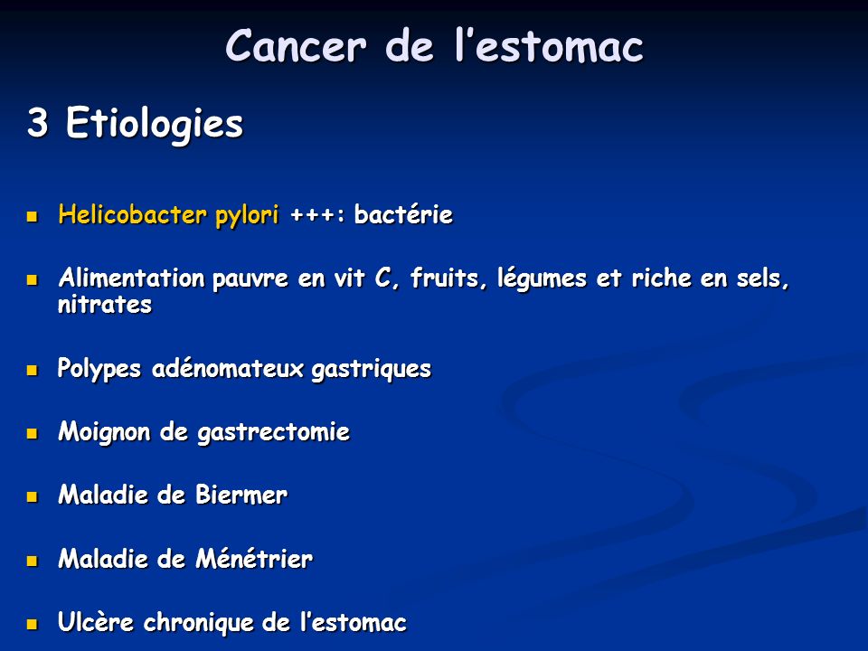 Cancer de l’estomac 3 Etiologies Helicobacter pylori +++: bactérie