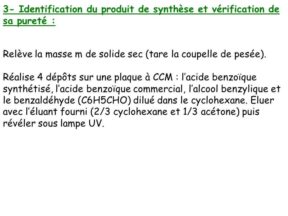 3- Identification du produit de synthèse et vérification de sa pureté :
