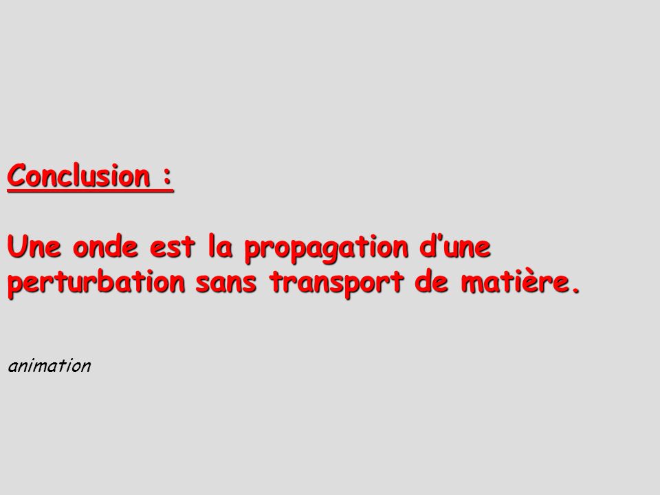 Conclusion : Une onde est la propagation d’une perturbation sans transport de matière. animation 22