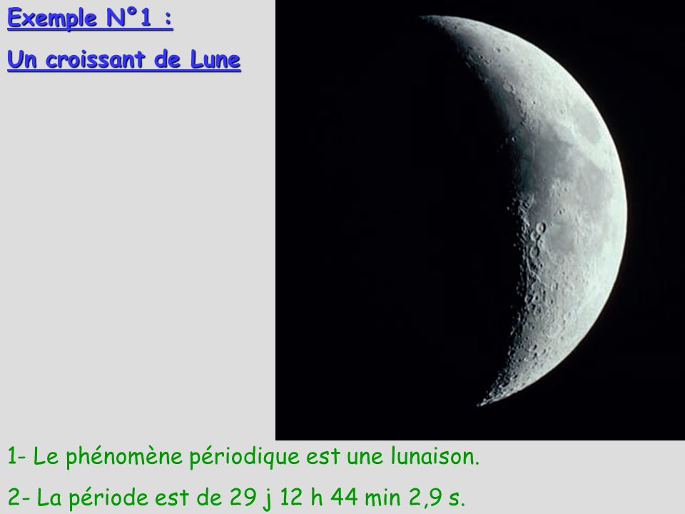 Exemple N°1 : Un croissant de Lune. 1- Le phénomène périodique est une lunaison.