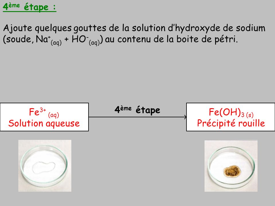 4ème étape : Ajoute quelques gouttes de la solution d’hydroxyde de sodium (soude, Na+(aq) + HO-(aq)) au contenu de la boite de pétri.