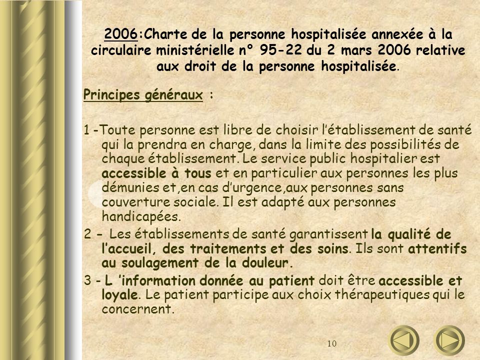 2006:Charte de la personne hospitalisée annexée à la circulaire ministérielle n° du 2 mars 2006 relative aux droit de la personne hospitalisée.