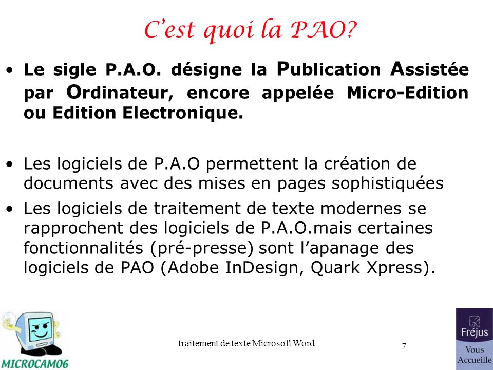 C’est quoi la PAO Le sigle P.A.O. désigne la Publication Assistée par Ordinateur, encore appelée Micro-Edition ou Edition Electronique.