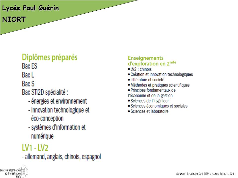 Lycée Paul Guérin NIORT Source : Brochure ONISEP « Après 3ème » 2011