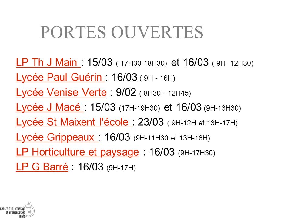PORTES OUVERTES LP Th J Main : 15/03 ( 17H30-18H30) et 16/03 ( 9H- 12H30) Lycée Paul Guérin : 16/03 ( 9H - 16H)
