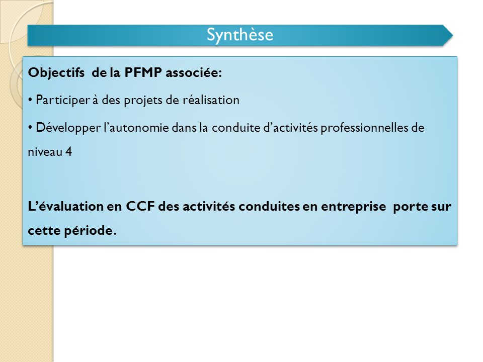 Synthèse Objectifs de la PFMP associée: