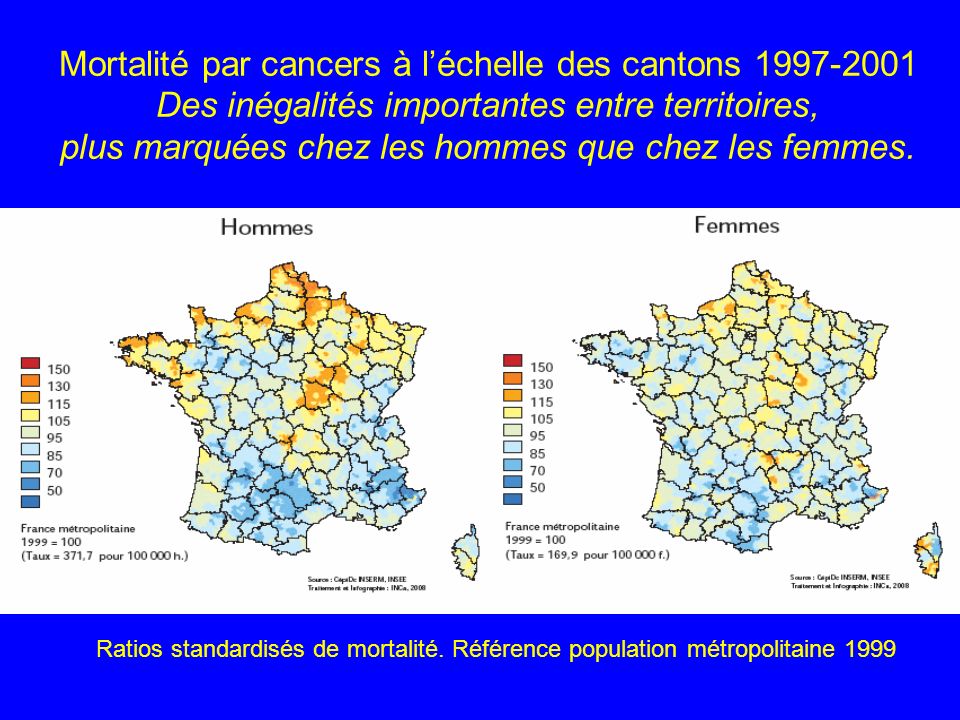 Mortalité par cancers à l’échelle des cantons Des inégalités importantes entre territoires, plus marquées chez les hommes que chez les femmes.