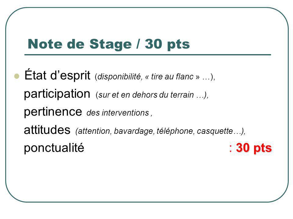 Note de Stage / 30 pts État d’esprit (disponibilité, « tire au flanc » …), participation (sur et en dehors du terrain …),