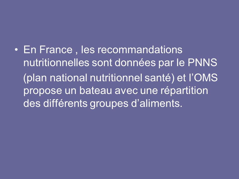 En France , les recommandations nutritionnelles sont données par le PNNS
