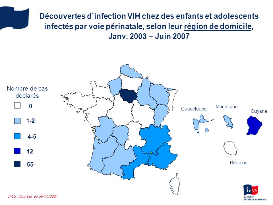 Découvertes d’infection VIH chez des enfants et adolescents infectés par voie périnatale, selon leur région de domicile, Janv – Juin 2007