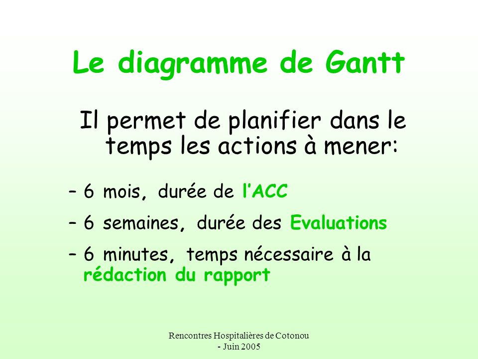 Le diagramme de Gantt Il permet de planifier dans le temps les actions à mener: 6 mois, durée de l’ACC.