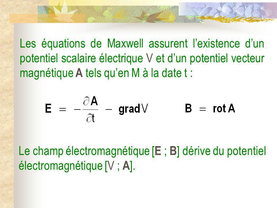 Les équations de Maxwell assurent l’existence d’un potentiel scalaire électrique V et d’un potentiel vecteur magnétique A tels qu’en M à la date t :