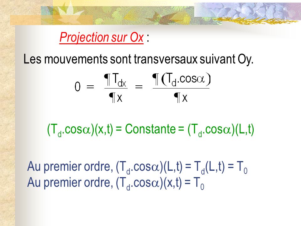Projection sur Ox : Les mouvements sont transversaux suivant Oy. (Td.cos)(x,t) = Constante = (Td.cos)(L,t)