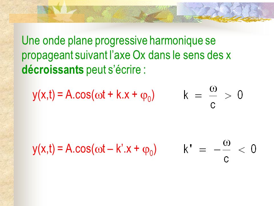 Une onde plane progressive harmonique se propageant suivant l’axe Ox dans le sens des x décroissants peut s’écrire :