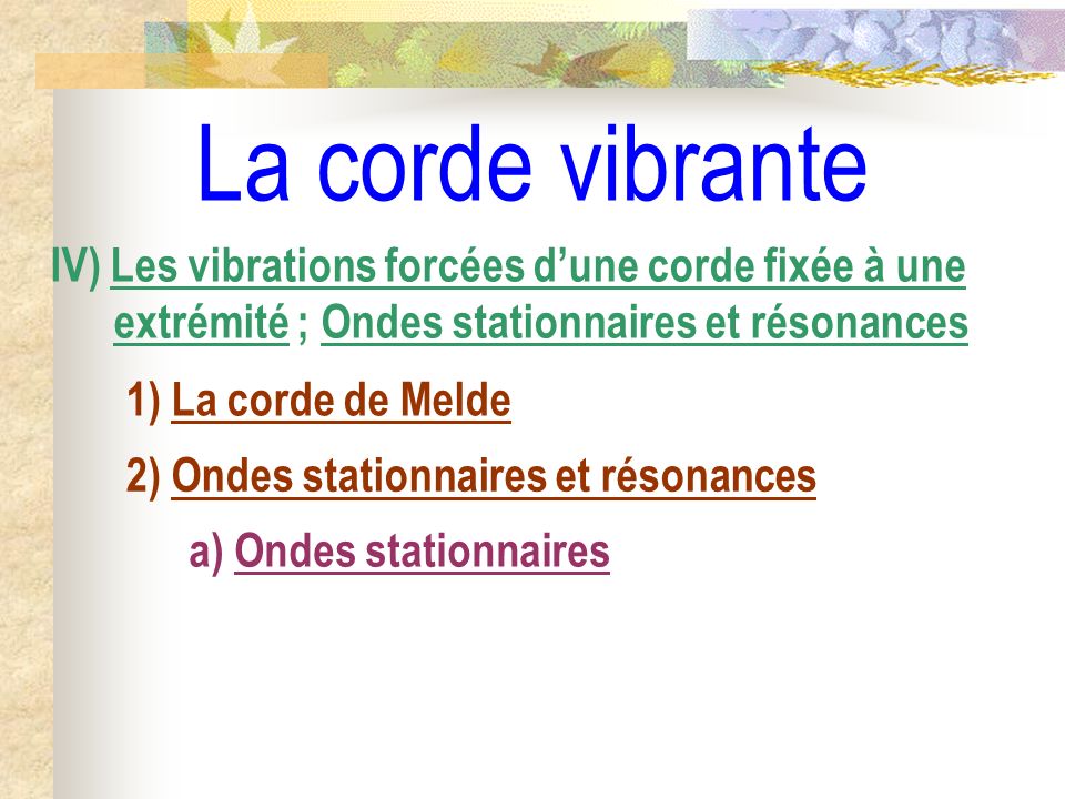 La corde vibrante IV) Les vibrations forcées d’une corde fixée à une extrémité ; Ondes stationnaires et résonances.