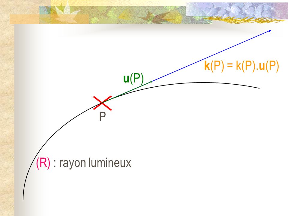 k(P) = k(P).u(P) u(P) P (R) : rayon lumineux