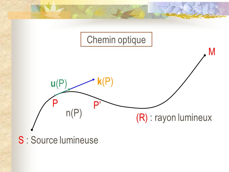 Chemin optique M k(P) u(P) P P’ n(P) (R) : rayon lumineux S : Source lumineuse