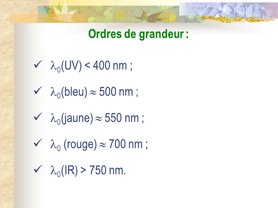 Ordres de grandeur : 0(UV) < 400 nm ; 0(bleu)  500 nm ; 0(jaune)  550 nm ; 0 (rouge)  700 nm ;