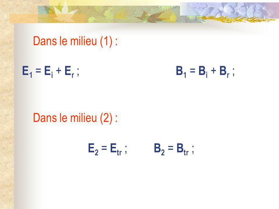 Dans le milieu (1) : E1 = Ei + Er ; B1 = Bi + Br ; Dans le milieu (2) : E2 = Etr ; B2 = Btr ;
