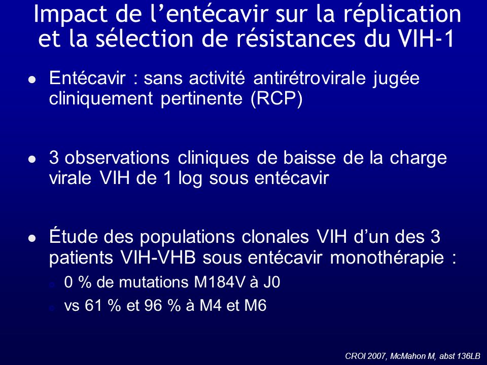 Impact de l’entécavir sur la réplication et la sélection de résistances du VIH-1