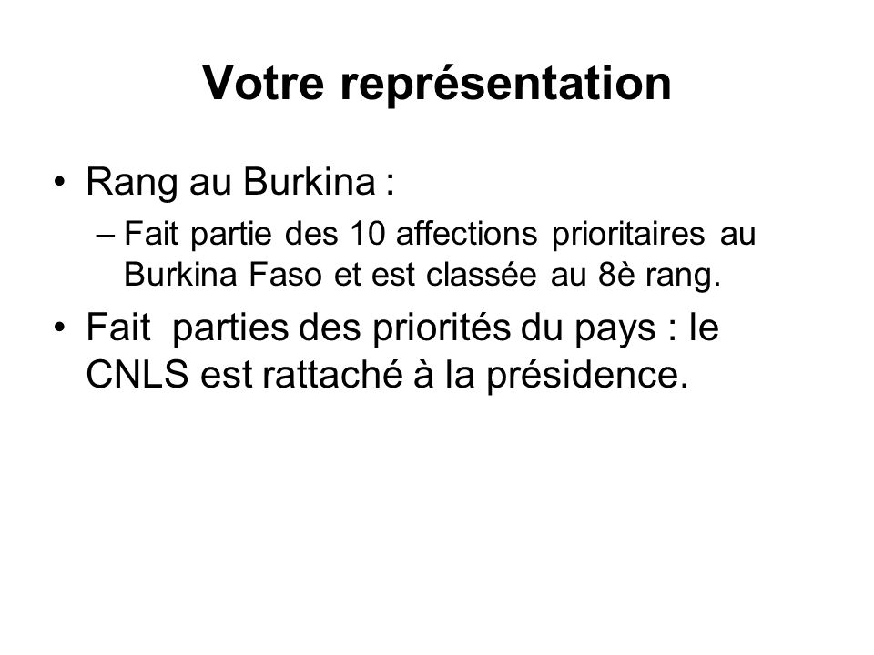 Votre représentation Rang au Burkina :