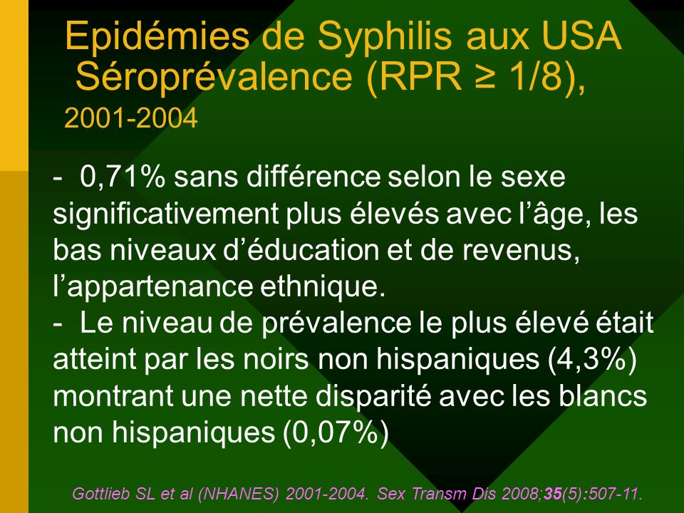 Epidémies de Syphilis aux USA Séroprévalence (RPR ≥ 1/8),