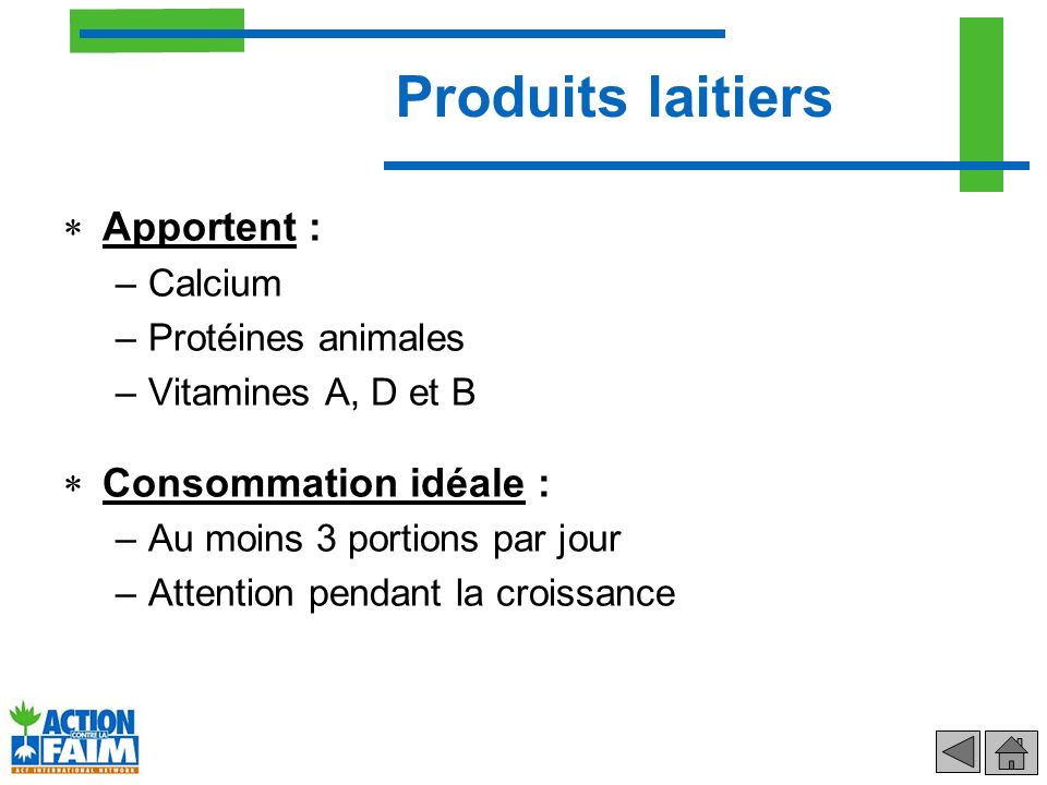 Produits laitiers Apportent : Consommation idéale : Calcium