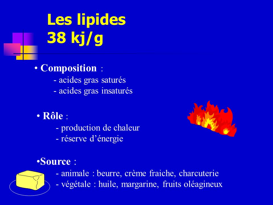 Les lipides 38 kj/g Composition : Rôle : Source :