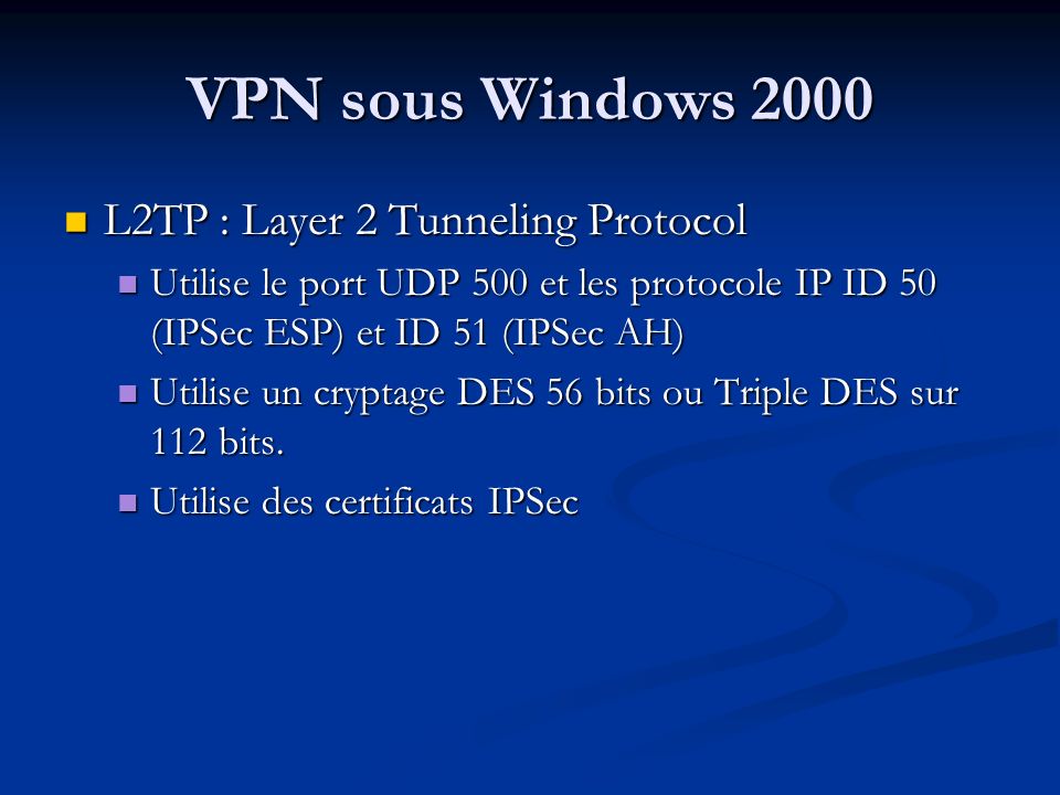 VPN sous Windows 2000 L2TP : Layer 2 Tunneling Protocol
