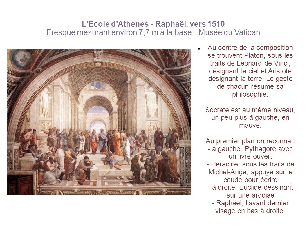 L Ecole d Athènes - Raphaël, vers 1510 Fresque mesurant environ 7,7 m à la base - Musée du Vatican
