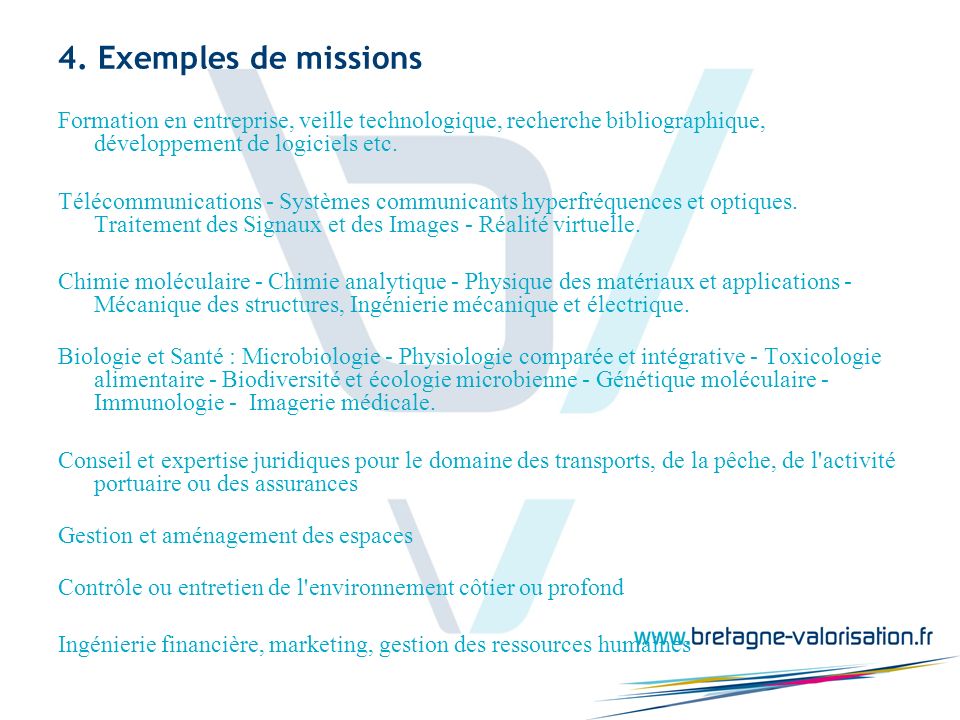 4. Exemples de missions Formation en entreprise, veille technologique, recherche bibliographique, développement de logiciels etc.