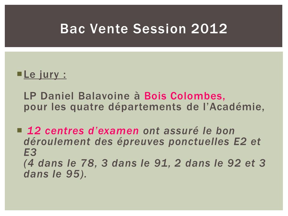 Bac Vente Session 2012 Le jury : LP Daniel Balavoine à Bois Colombes, pour les quatre départements de l’Académie,