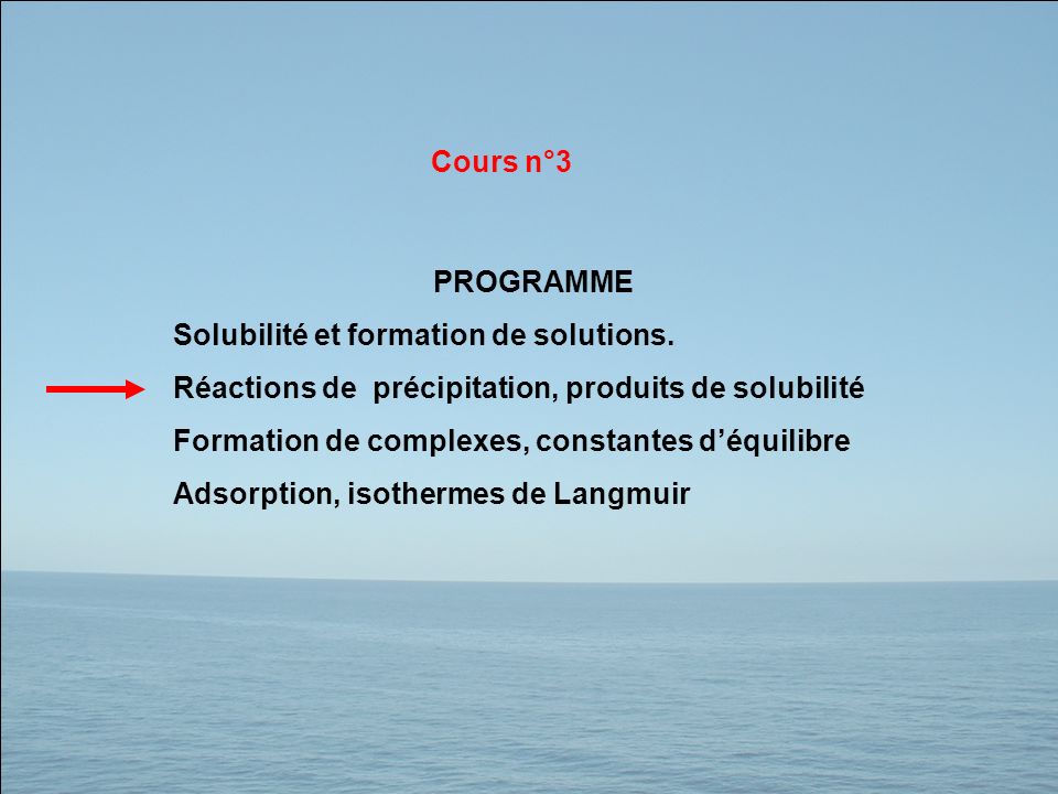 Cours n°3 PROGRAMME. Solubilité et formation de solutions. Réactions de précipitation, produits de solubilité.