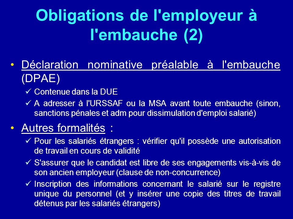 Obligations de l employeur à l embauche (2)