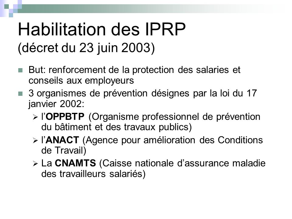 Habilitation des IPRP (décret du 23 juin 2003)