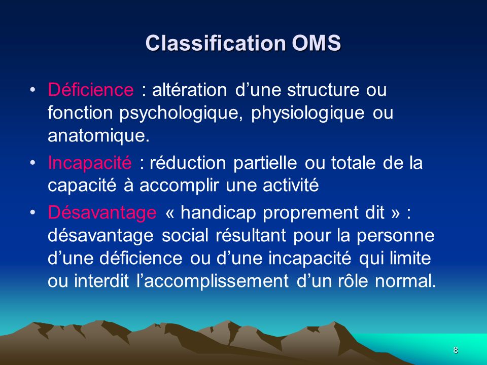 Classification OMS Déficience : altération d’une structure ou fonction psychologique, physiologique ou anatomique.