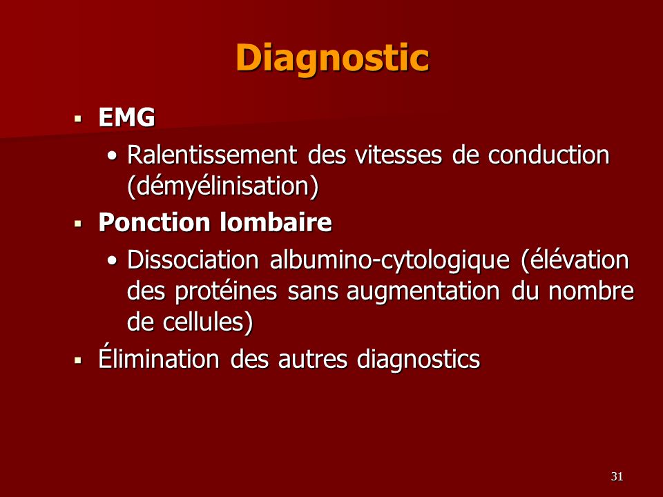 Diagnostic EMG. Ralentissement des vitesses de conduction (démyélinisation) Ponction lombaire.
