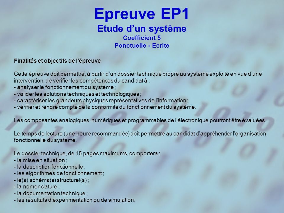 Epreuve EP1 Etude d’un système Coefficient 5 Ponctuelle - Ecrite