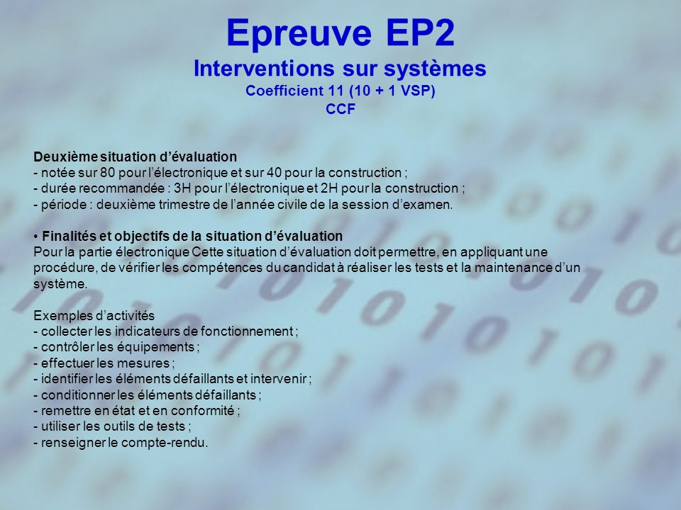 Epreuve EP2 Interventions sur systèmes Coefficient 11 ( VSP) CCF