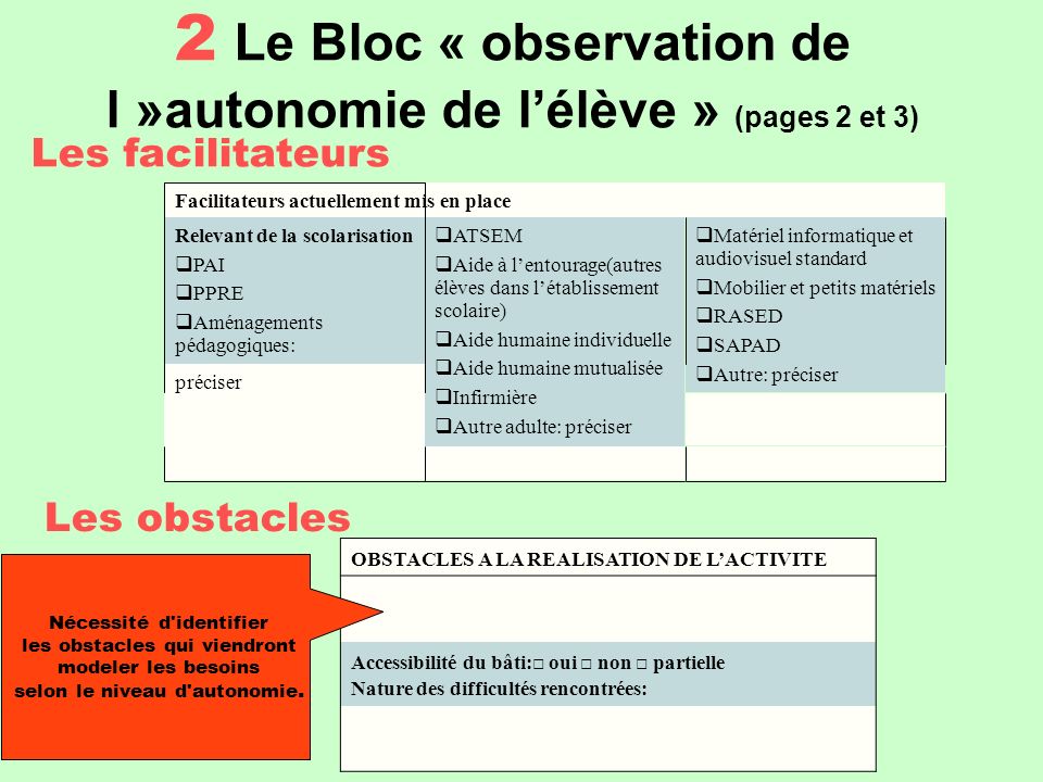 2 Le Bloc « observation de l »autonomie de l’élève » (pages 2 et 3)
