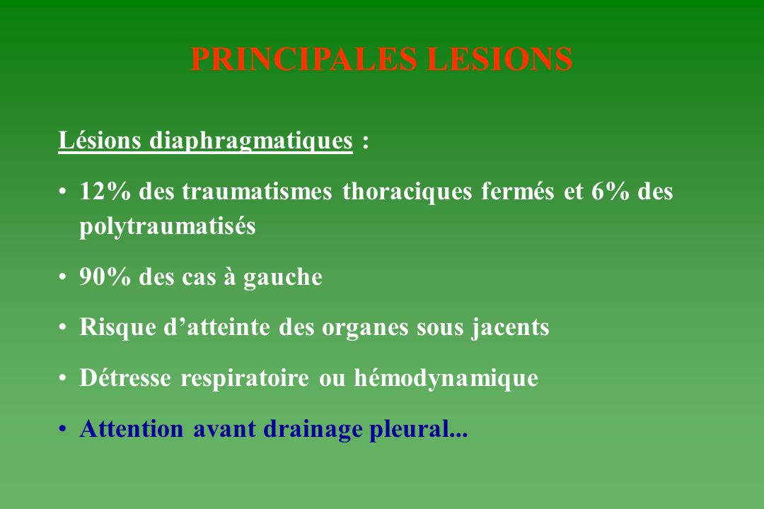PRINCIPALES LESIONS Lésions diaphragmatiques :