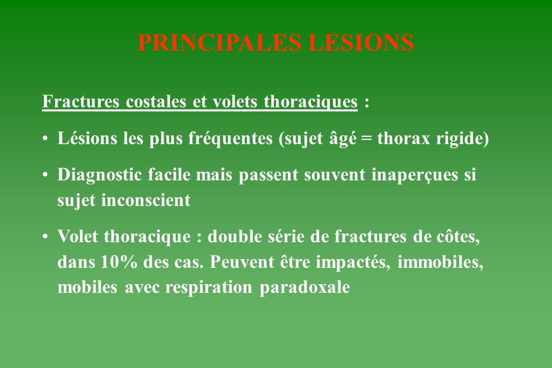 PRINCIPALES LESIONS Fractures costales et volets thoraciques :
