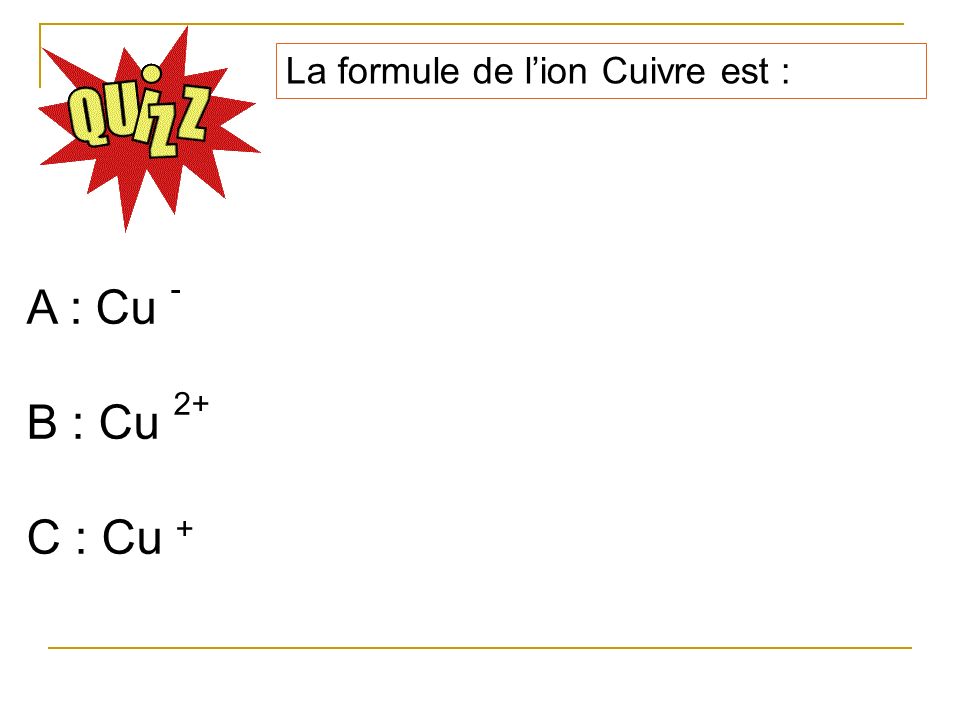 La formule de l’ion Cuivre est :