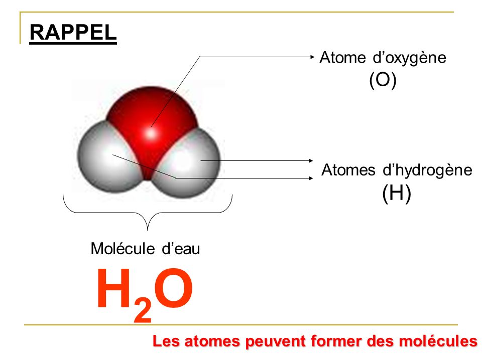 H2O RAPPEL (H) (O) Atome d’oxygène Atomes d’hydrogène Molécule d’eau