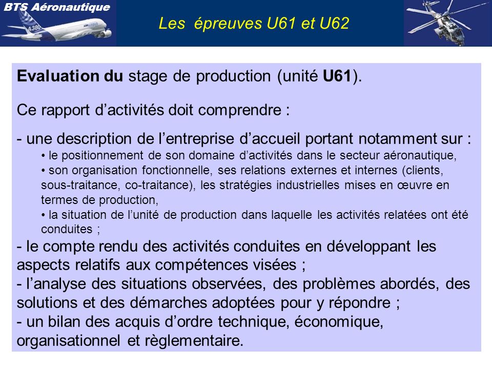 Evaluation du stage de production (unité U61).