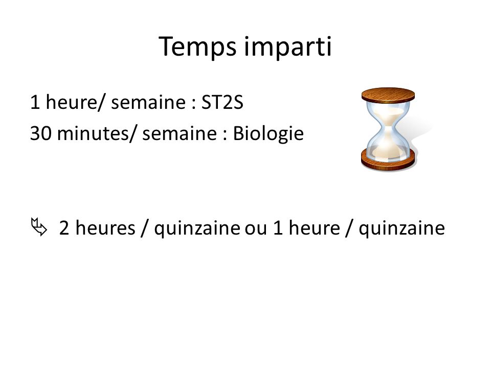 Temps imparti 1 heure/ semaine : ST2S 30 minutes/ semaine : Biologie  2 heures / quinzaine ou 1 heure / quinzaine