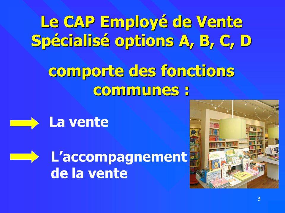 Le CAP Employé de Vente Spécialisé options A, B, C, D comporte des fonctions communes :